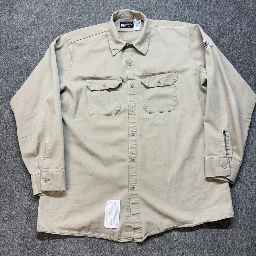 Bulwark FR Shirt Men's L-RG Flame Resistant Button Up Long Sleeve Beige‎